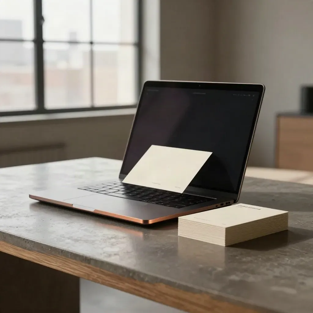 Closed laptop, product prototype and pitch cards on a bronze pedestal in a bright loft.