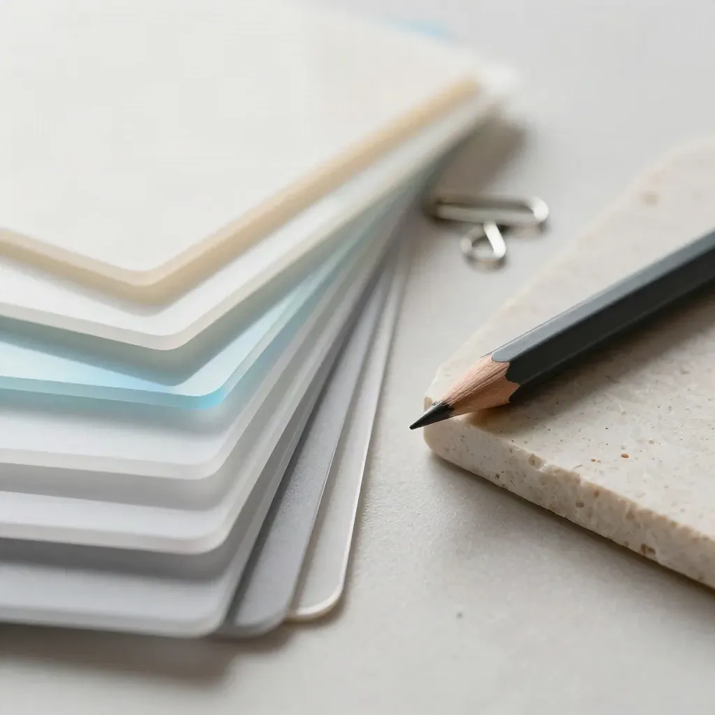 Macro of translucent design swatches, acrylic curves, clips, and a graphite pencil on pale stone.