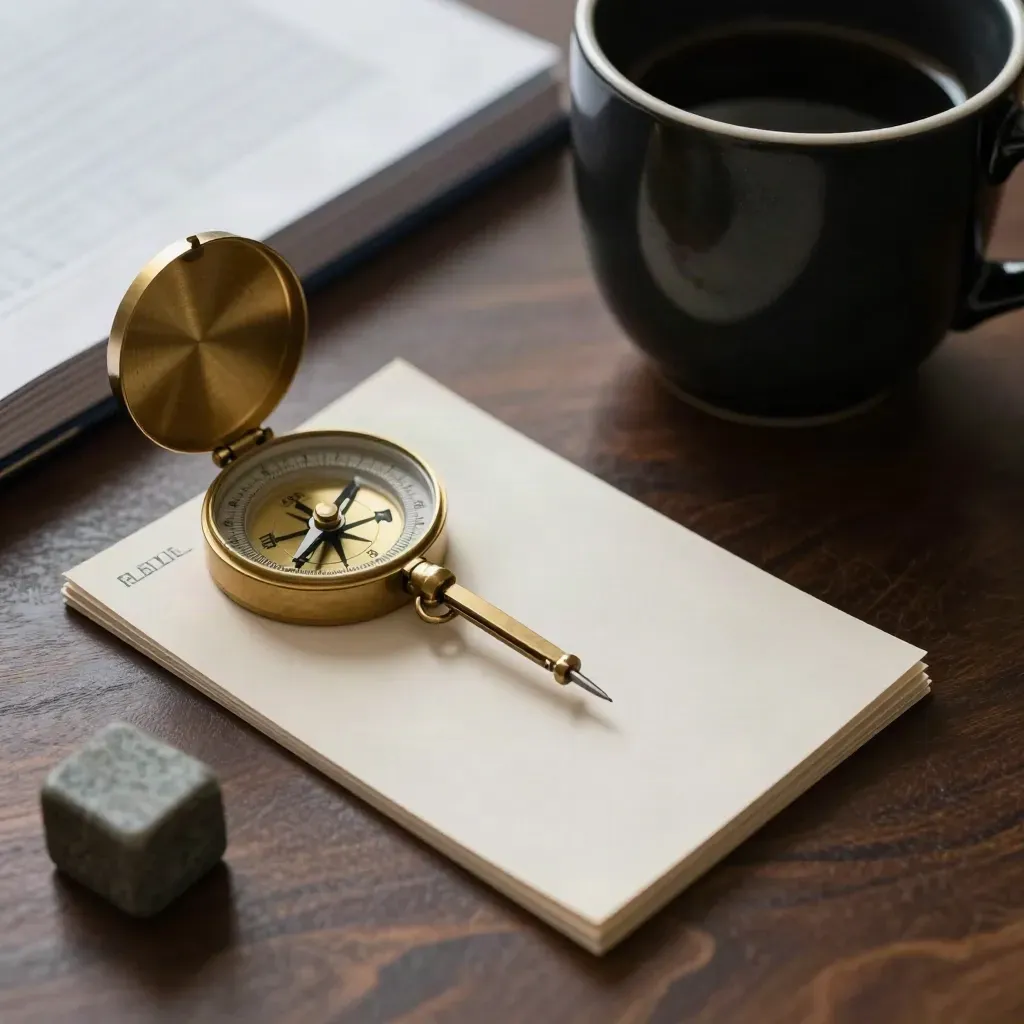 Brass compass, face-down planning cards, black cup and paperweight on dark wood.