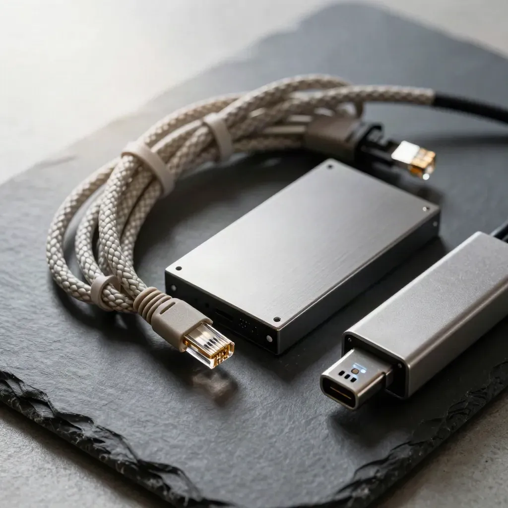 Braided ethernet cable, SSD, adapter and status-light hub on a slate work surface.
