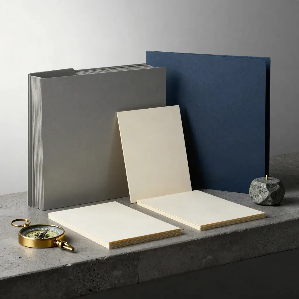 Brass compass, tabbed folders, and stone paperweight on a dark concrete shelf.