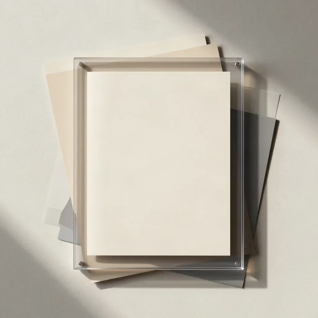 Overhead flatlay of acetate page frames, tracing strips and neutral swatches on an off-white board.