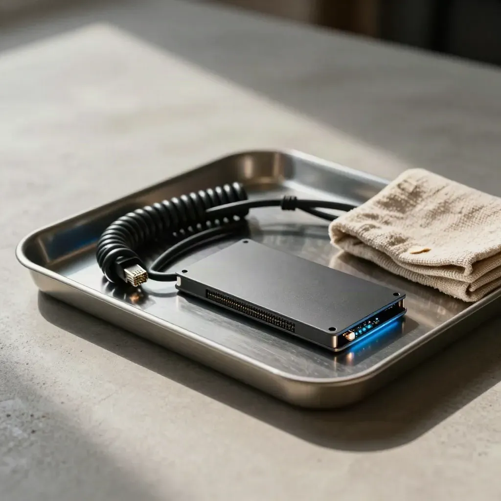 Brushed-metal tray with keyboard edge, ethernet cable, SSD and status-light module
