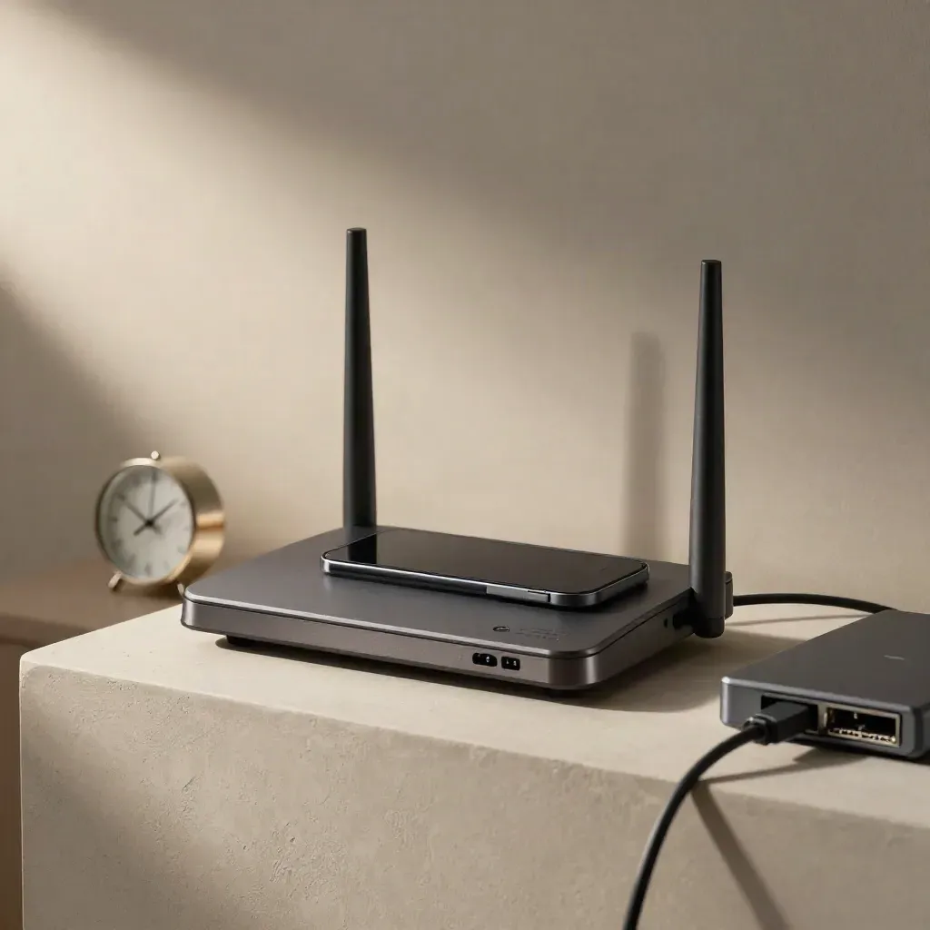 Router, lit modem beacon, face-down phone, and glass clock on a pale console.