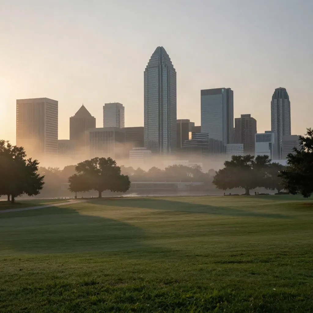 Dallas skyline and Reunion Tower over misty parkland at dawn
