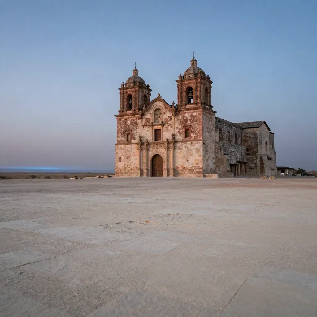 San Antonio mission stone and distant tower line above a calm limestone foreground at blue hour