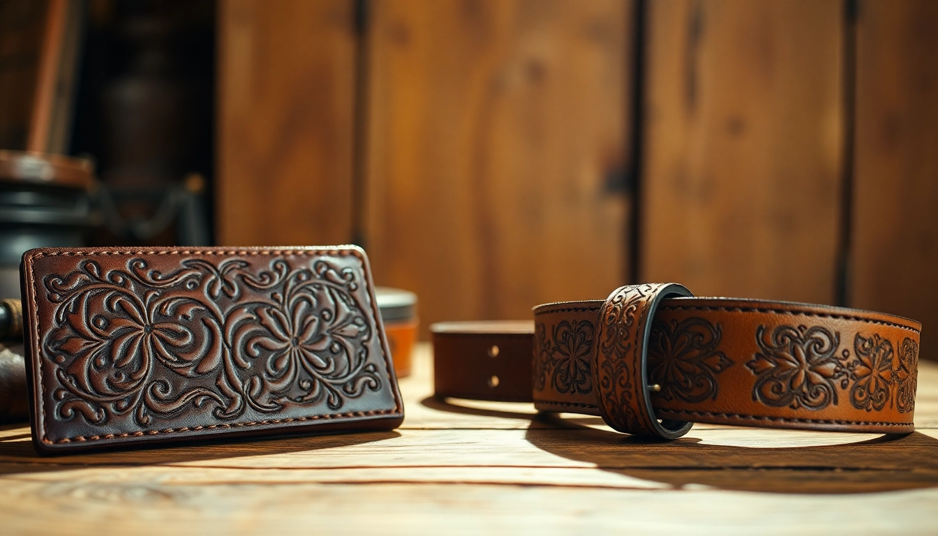 Showcasing beautifully crafted Tooled Leather accessories with intricate designs and textures.