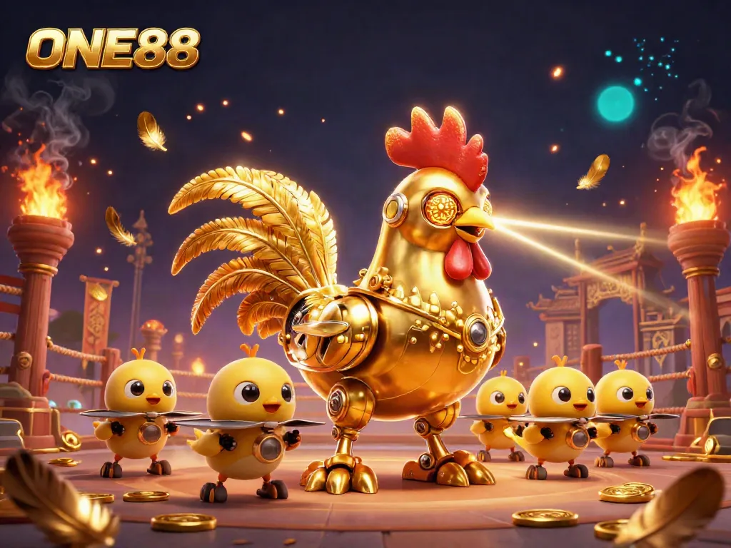 Experience the excitement of ONE88 with the golden rooster robot amidst dynamic casino-themed elements.