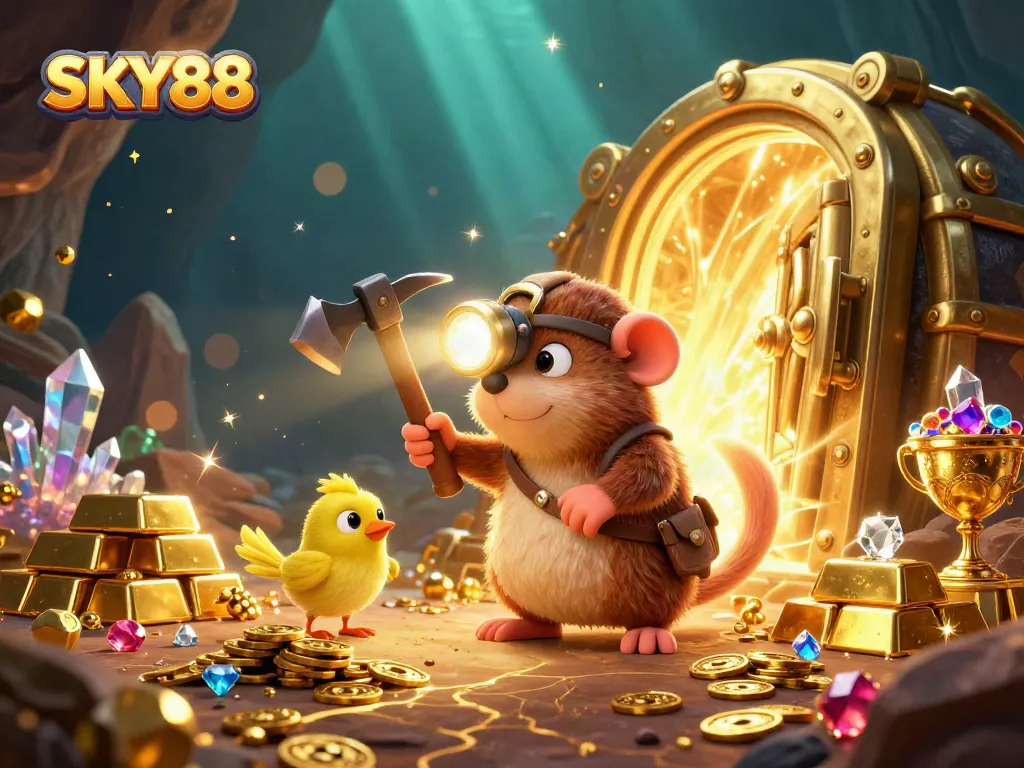Engage with thrilling gaming opportunities at SKY88, illustrated by a treasure hunter mole and vibrant gems.