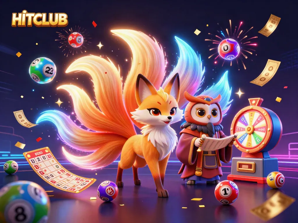 Hitclub offers vibrant games, illustrated with a magical fox and owl, creating a thrilling casino atmosphere.