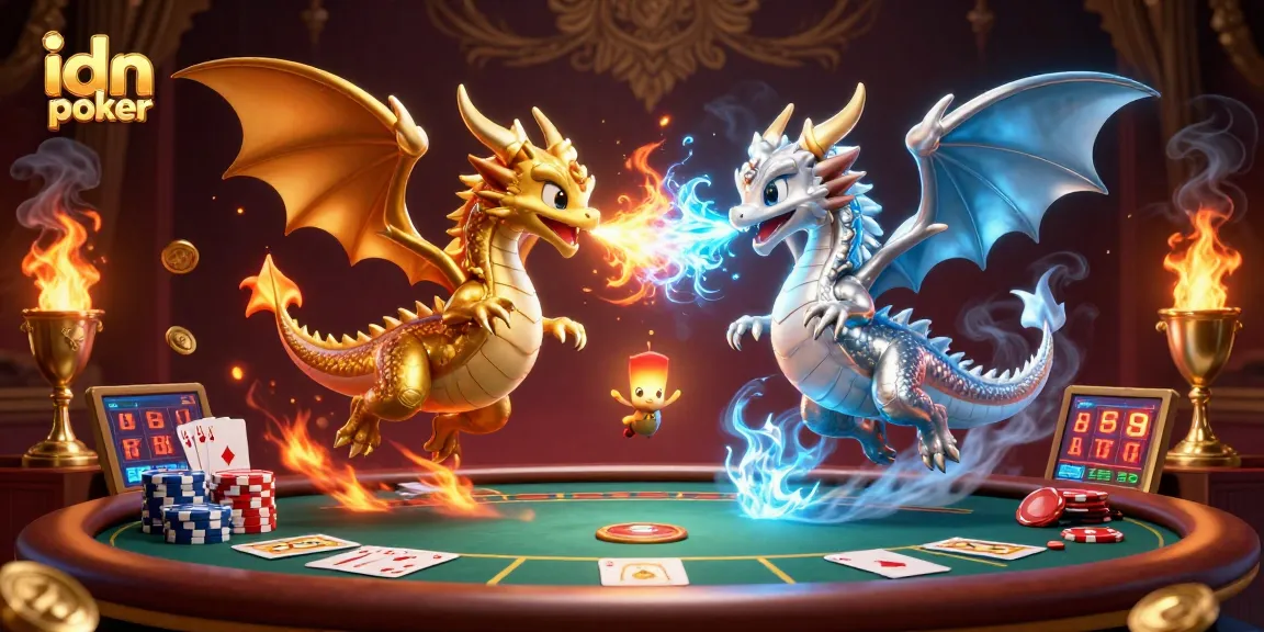 Engage in IDN poker action with golden and silver dragons amidst royal flush cards and dynamic game elements.
