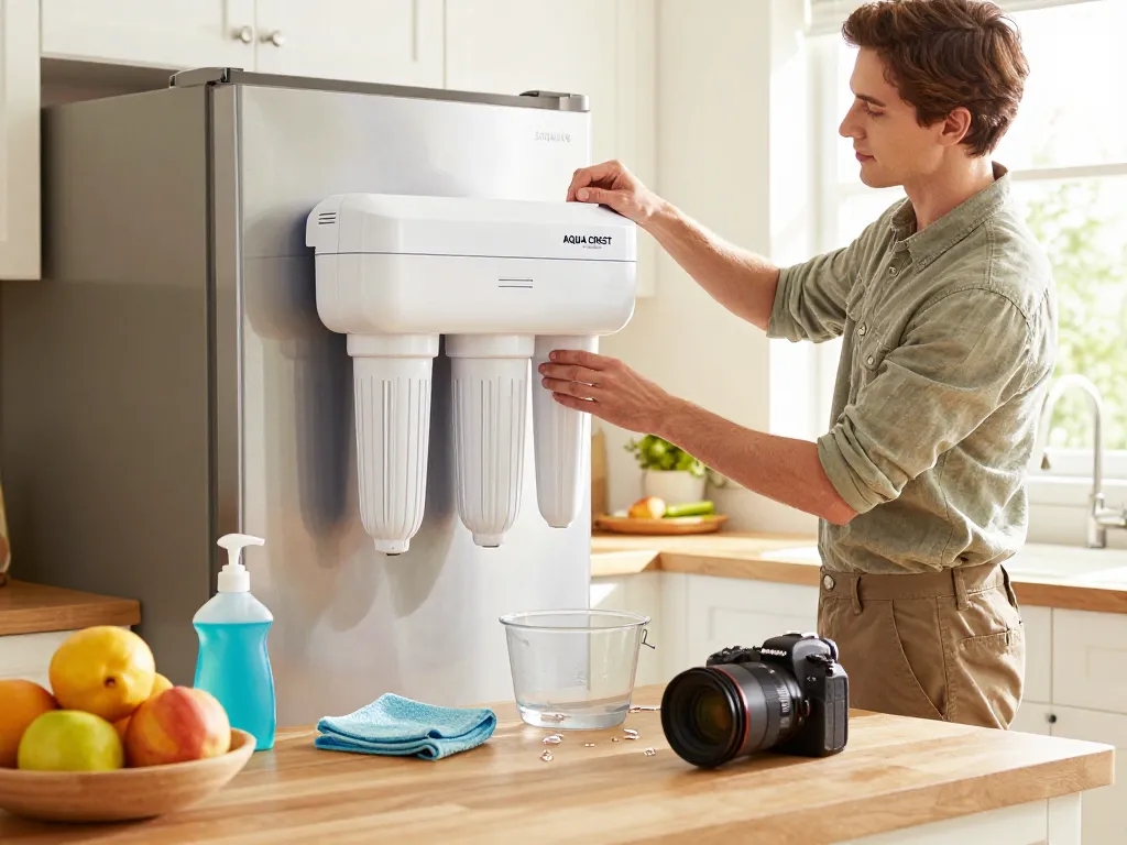 Person installing AQUA CREST DA29-00003G Refrigerator Water Filter in a bright kitchen.