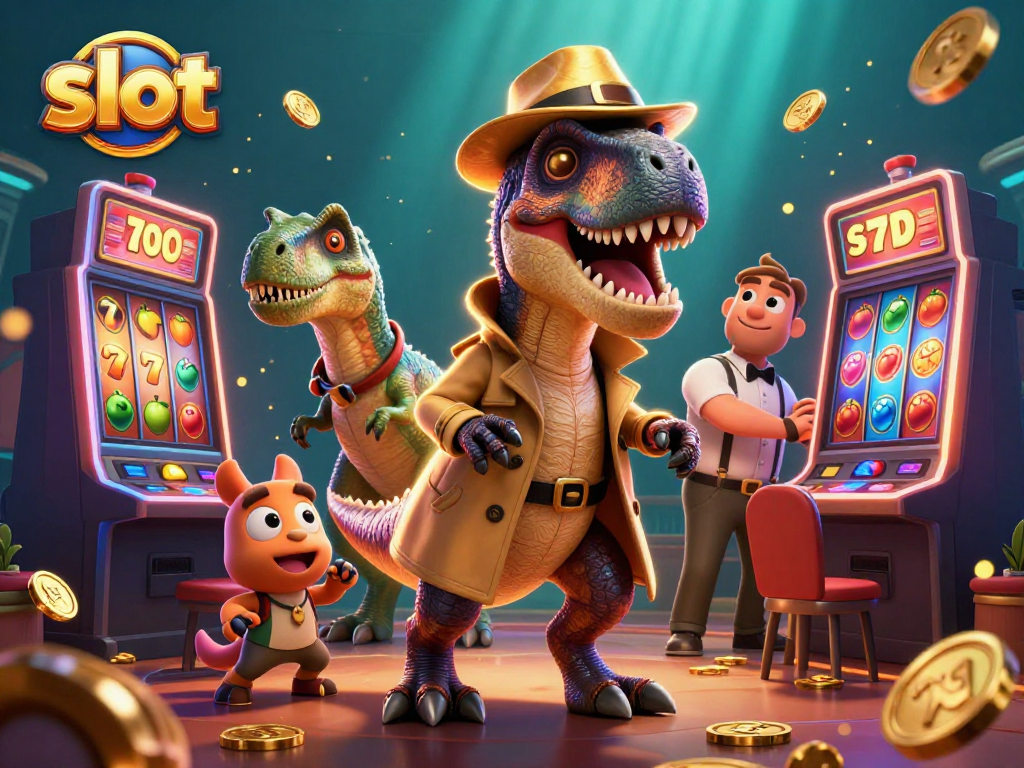 Watch a velociraptor card counter spin the slot reels while a stegosaurus checks for cheating.