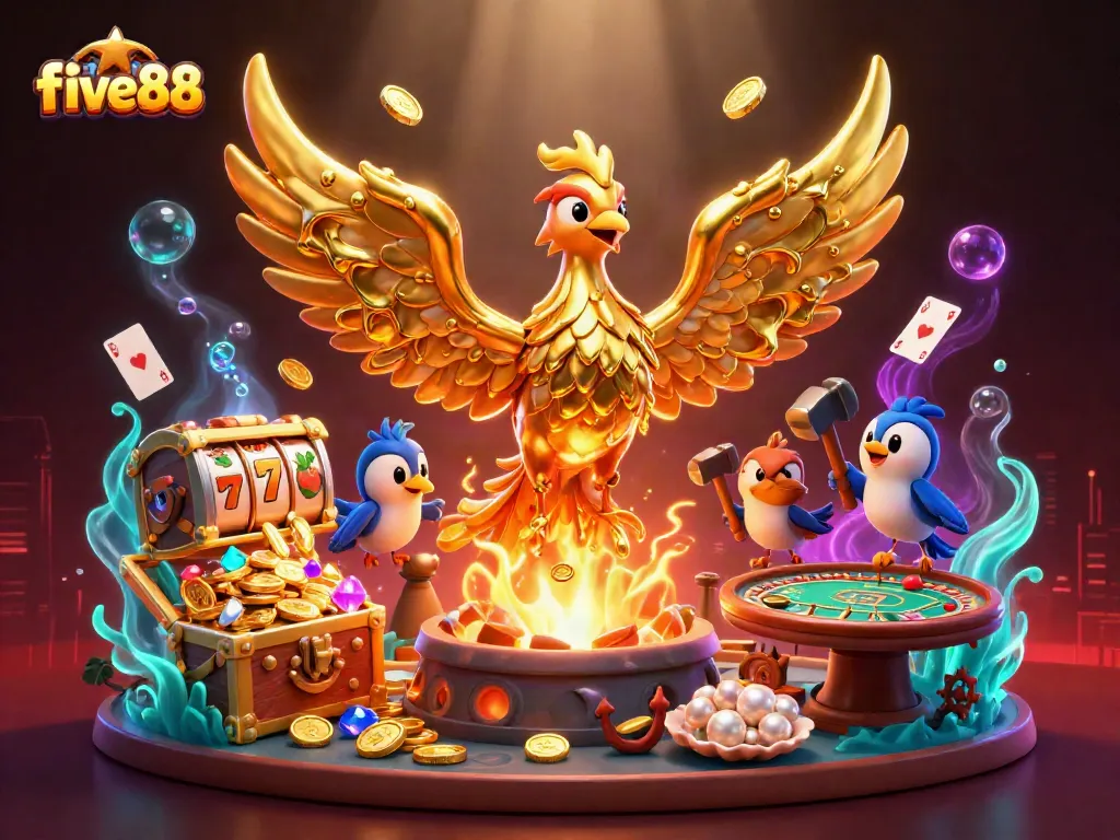 Experience thrilling gaming at five88 with a golden phoenix and dynamic casino elements.