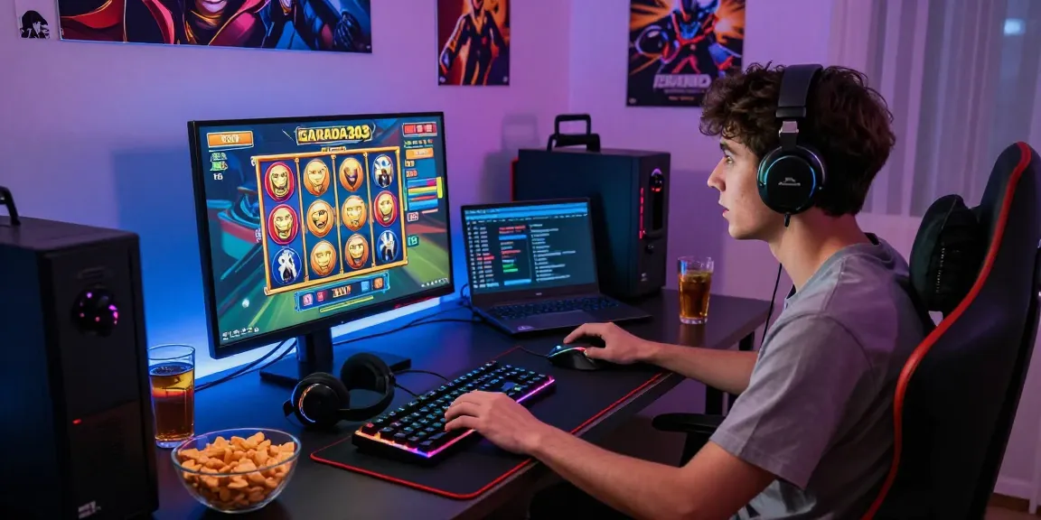 Exciting garuda303 slot gaming scene with a focused player, colorful reels, and immersive setup.