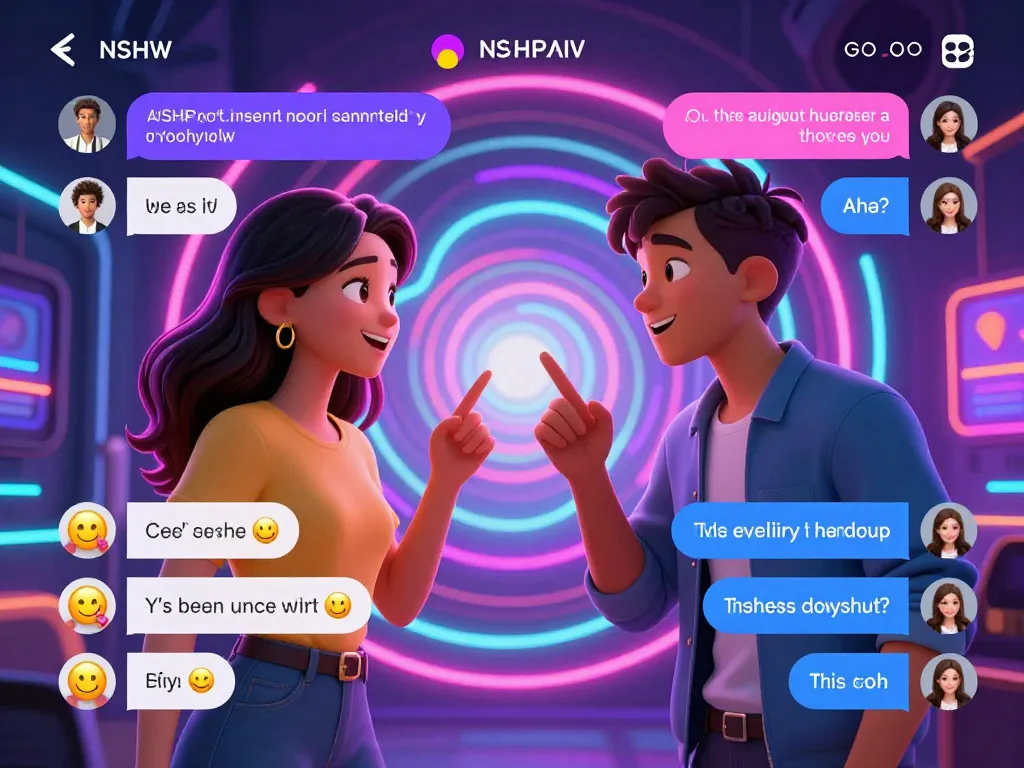 Interactive NSFW AI chat scene with animated characters and vibrant emojis.