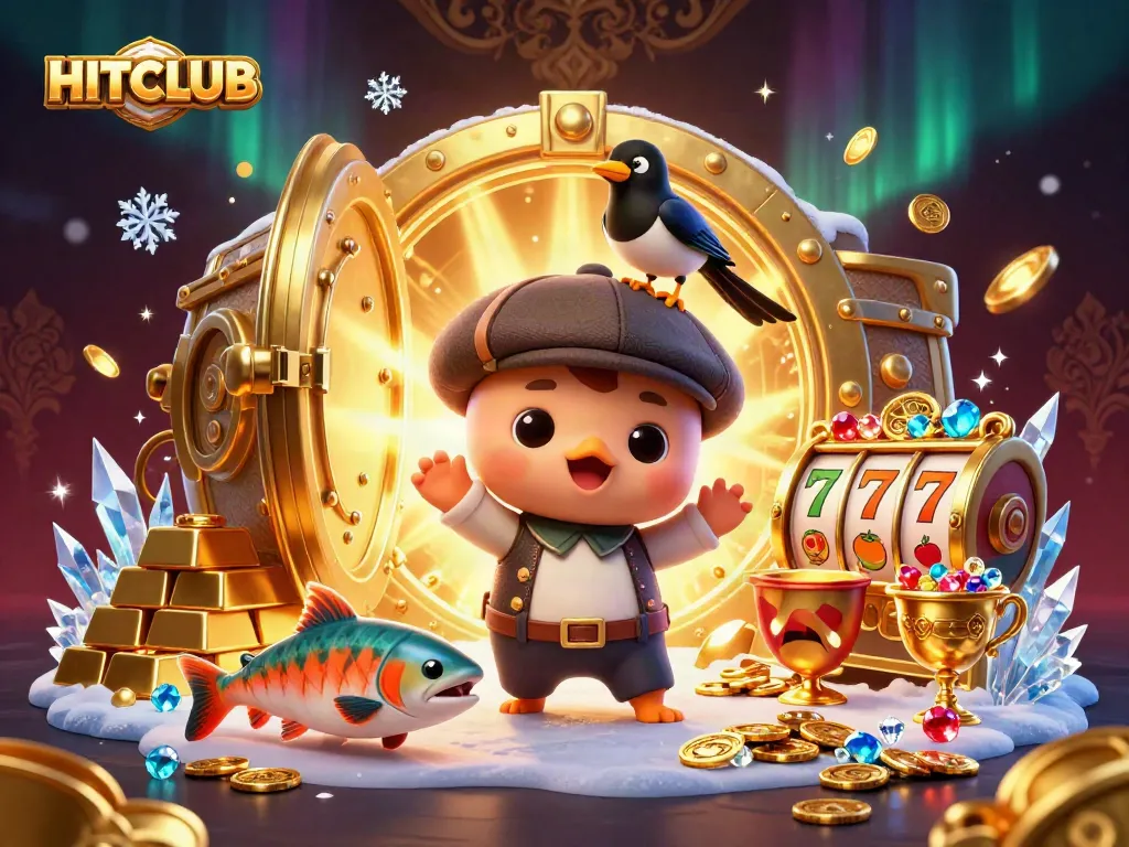 Engage with HITCLUB's dynamic casino scene featuring cartoon characters amidst treasures and slots.
