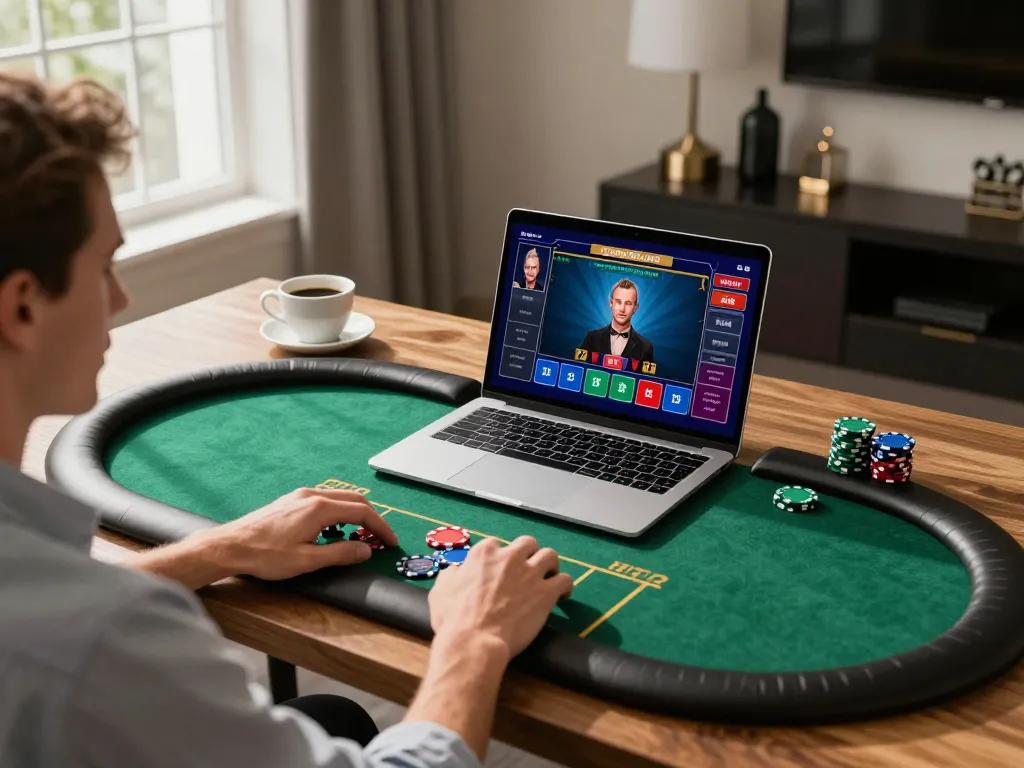 Player engaging in live dealer poker game on TR88 COM with a laptop in a comfortable setting.