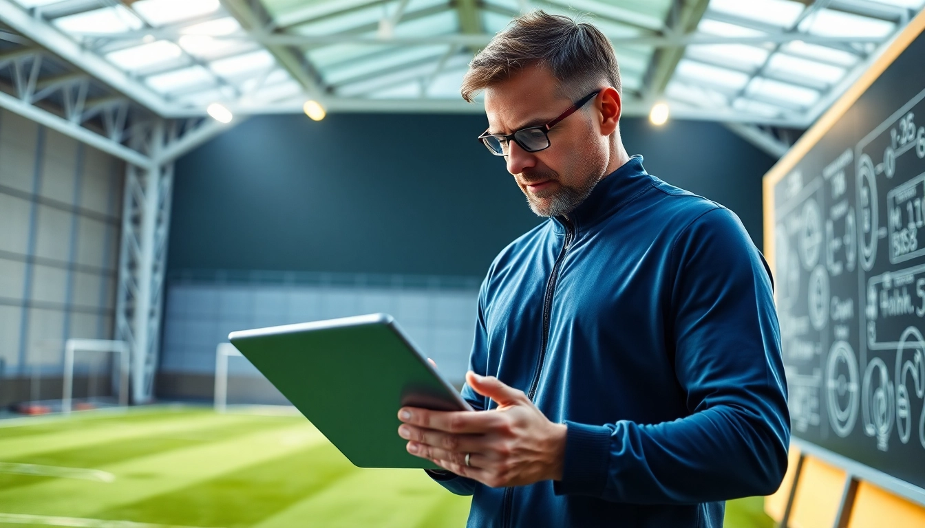 Analyze ผลบอลเมื่อคืนนี้ทุกลีก match statistics with a professional coach in a bright sports facility.