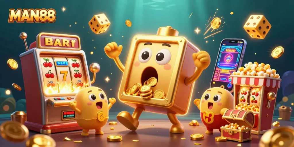 Experience the excitement of MAN88 with a golden slot machine winning a jackpot amidst a vibrant casino scene.