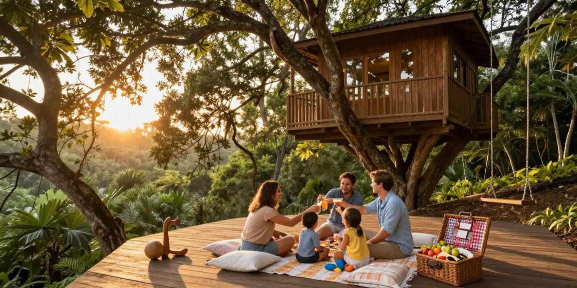 Families enjoying a sunset picnic at a treehouse retreat surrounded by lush greenery.