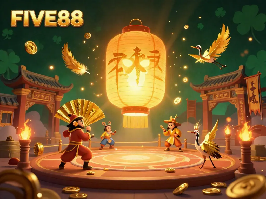 Experience thrilling gameplay at FIVE88 with a magical lantern spirit conjuring excitement above a vibrant casino atmosphere.