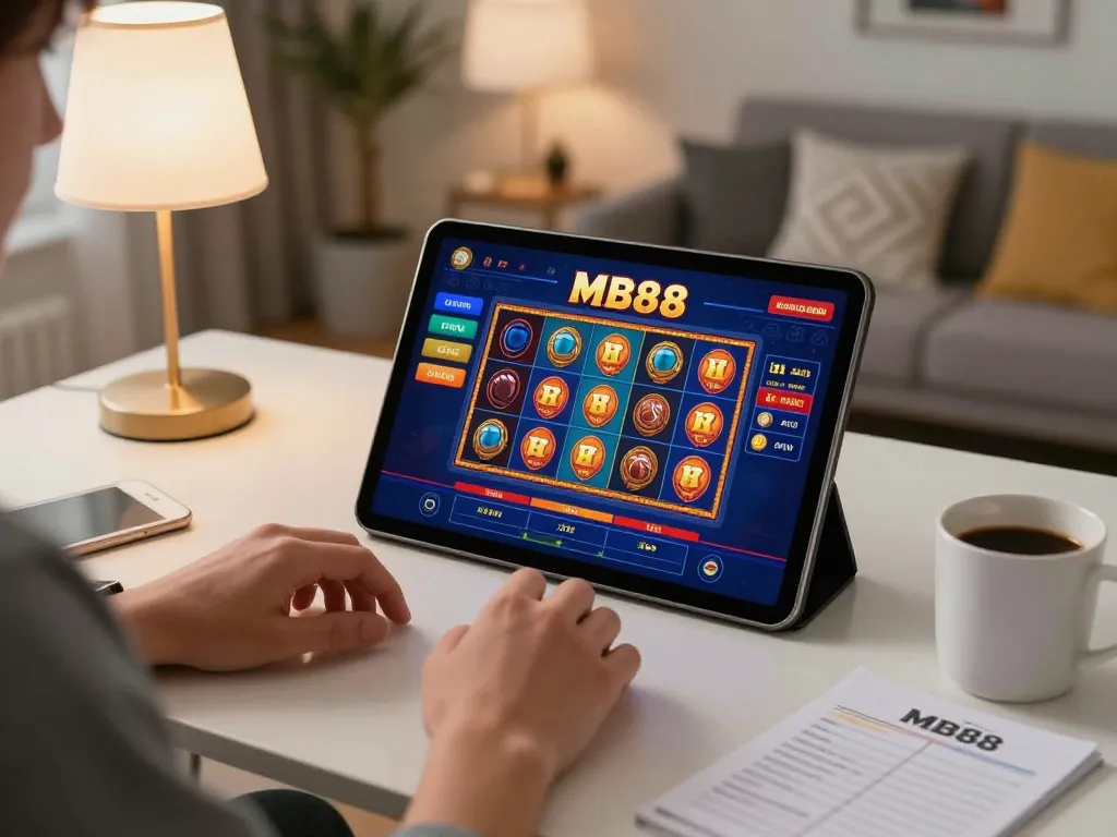 Person engaging with MB88 casino app on tablet in cozy home setting, emphasizing online gaming excitement.