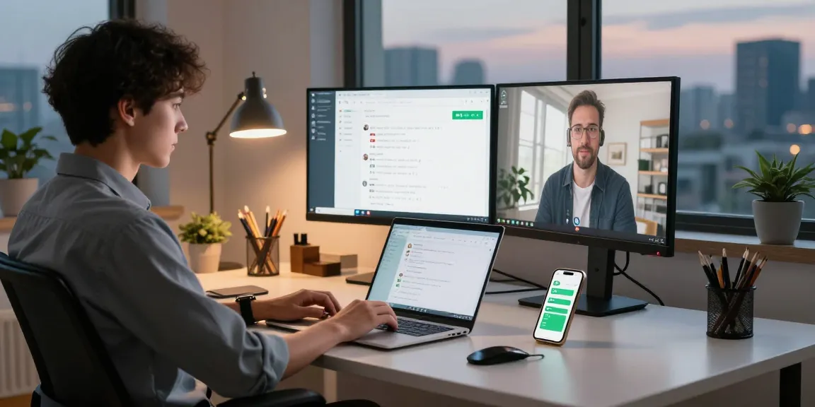 Using WhatsApp電腦版 on a modern home office setup with dual monitors and a laptop in a stylish workspace.