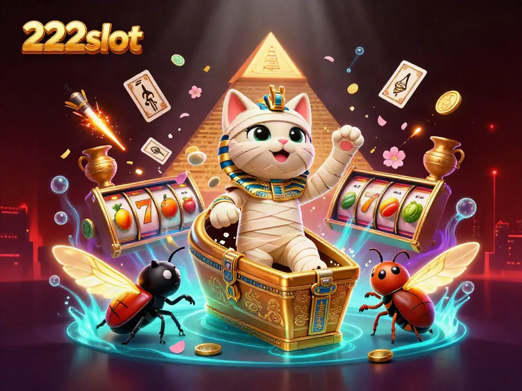 Kucing mumi dari 222slot keluar dari sarkofagus emas di kasino piramida dengan simbol slot berputar dan koin hijau.