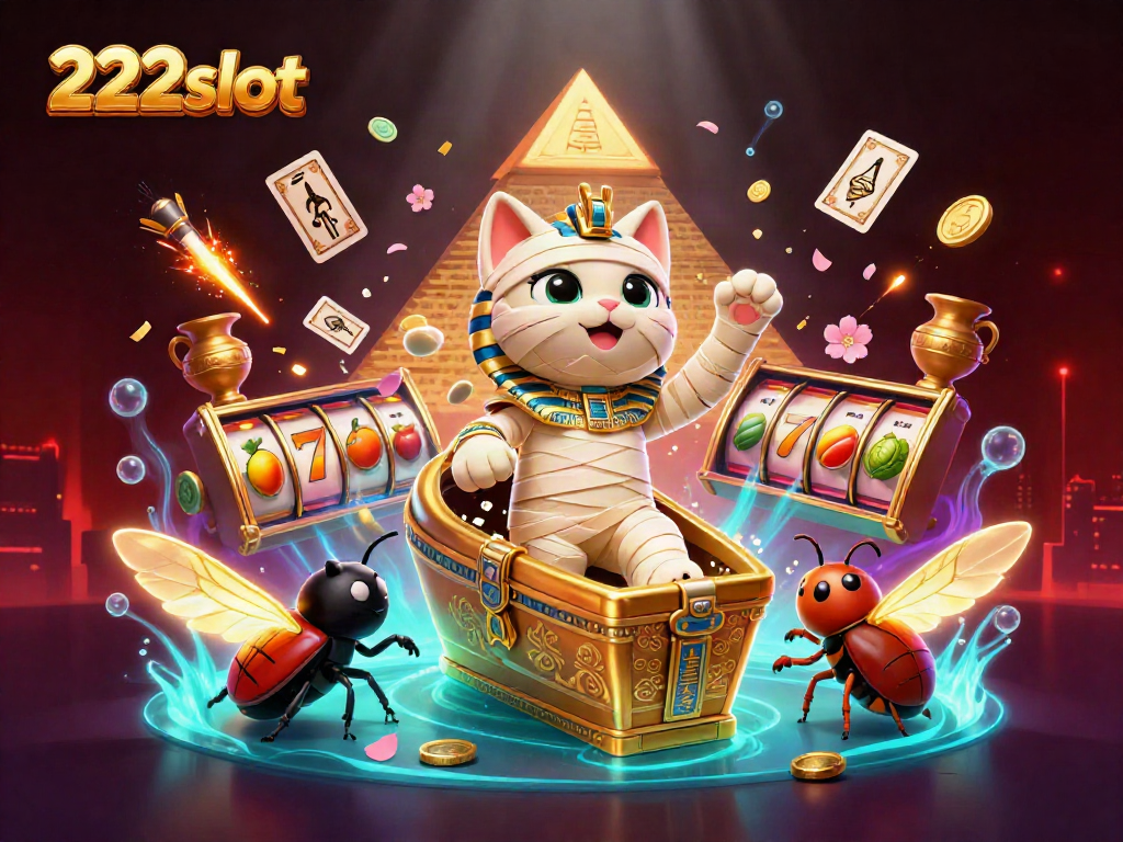 Kucing mumi dari 222slot keluar dari sarkofagus emas di kasino piramida dengan simbol slot berputar dan koin hijau.