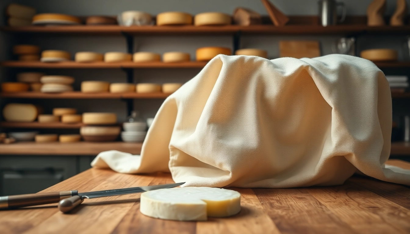 Kaasdoek elegantly draped in a kitchen setting with artisanal cheese and rustic utensils.