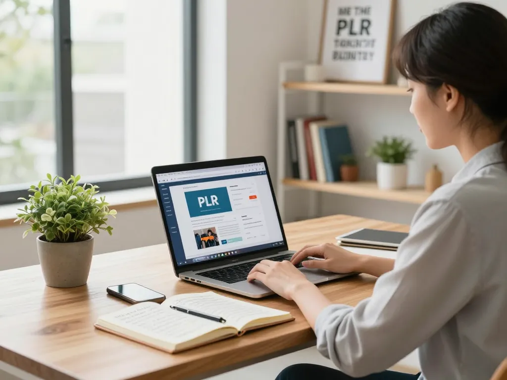 Purchase PLR Content in a modern home office, individual strategizing with laptop and notebooks.