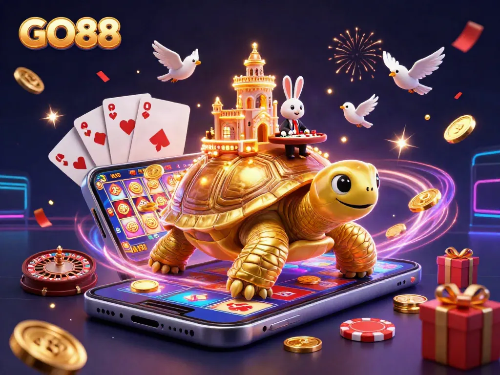 Exciting GO88 gaming scene with a golden tortoise casino and dynamic lottery action.