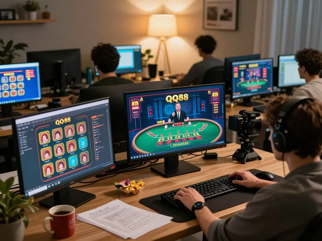 Engaging in a QQ88 live dealer game, showcasing strategic online gaming setup and comfortable ambiance.