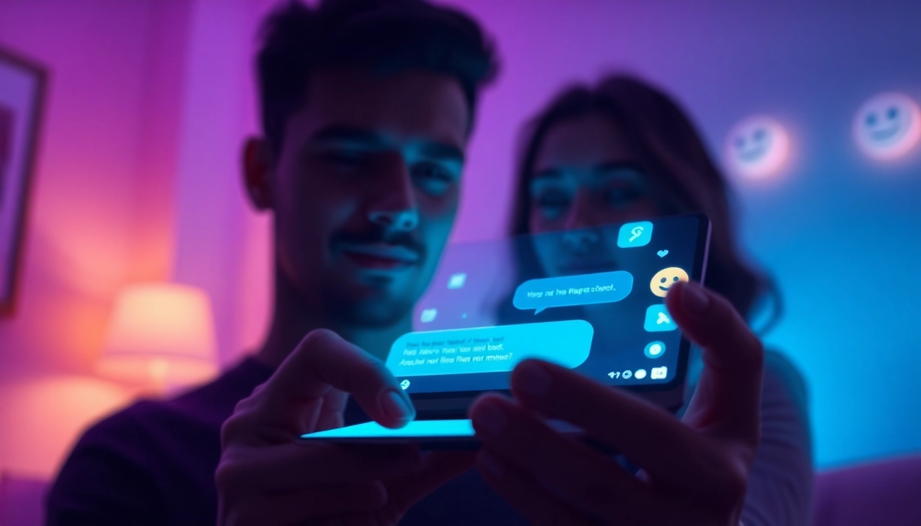 Engaging scene of a user interacting with a sex ai chat on a futuristic device, showcasing intimacy and tech.