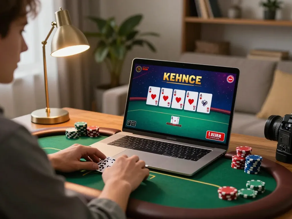 Engaging with 888top poker games online, showcasing a user at home gaming strategically.