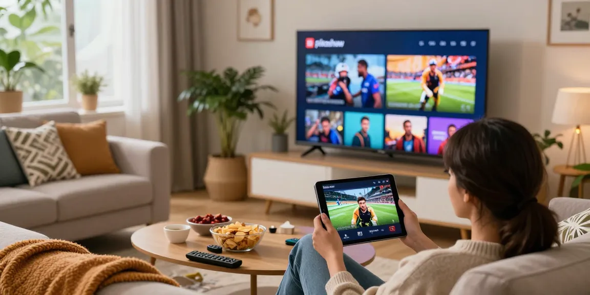 Person enjoying movies on Pikashow in a cozy living room with a tablet and snacks.