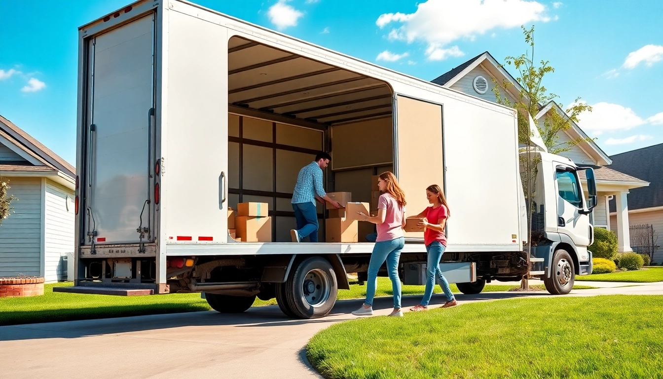 Families relocating with provincial movers amidst a bright neighborhood setting.