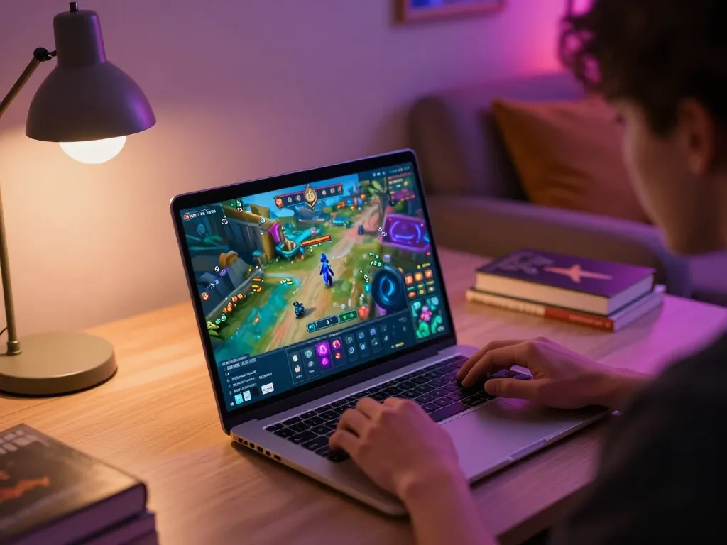 Engage in nsfw games apk on a vibrant laptop screen in a cozy gaming setup.