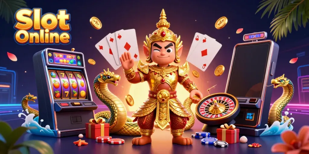 Menang besar di Slot Online dengan ilustrasi slot penuh warna dan karakter penjaga kuil