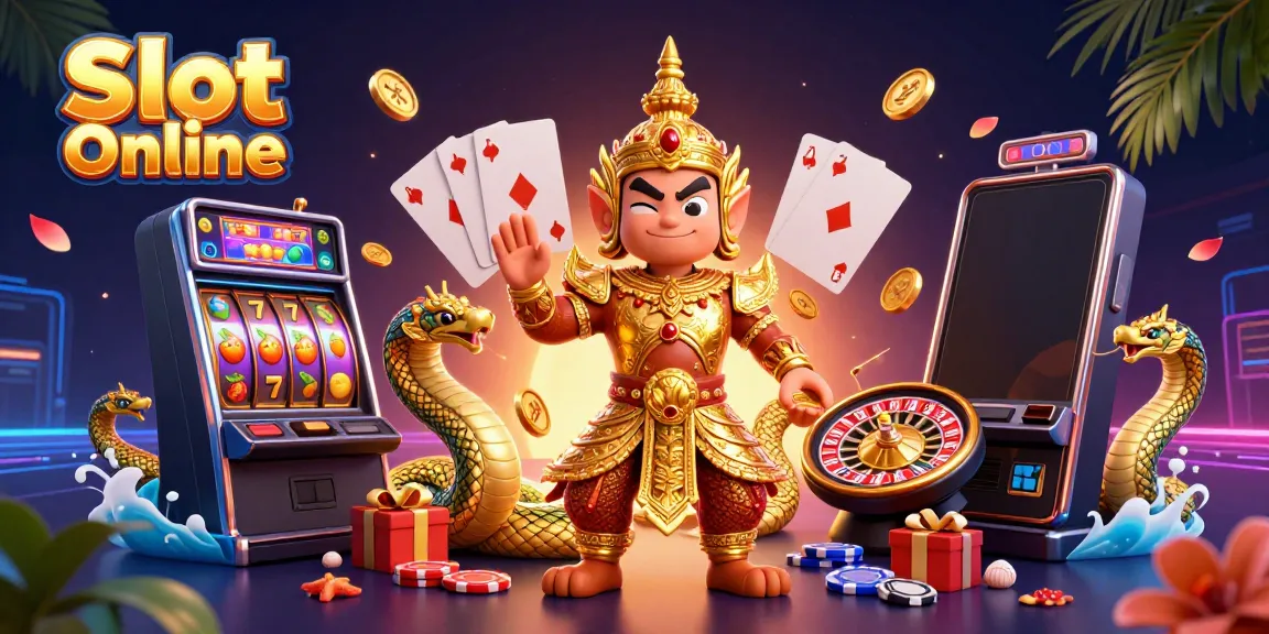 Menang besar di Slot Online dengan ilustrasi slot penuh warna dan karakter penjaga kuil