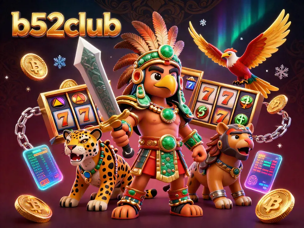 B52club features an Aztec warrior alongside vibrant slot reels and crypto coins in a captivating 3D scene.