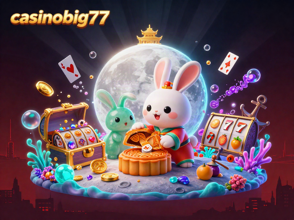 Engage with casinobig777's thrilling casino action, featuring a moon rabbit, golden mooncakes, and lively gaming elements.