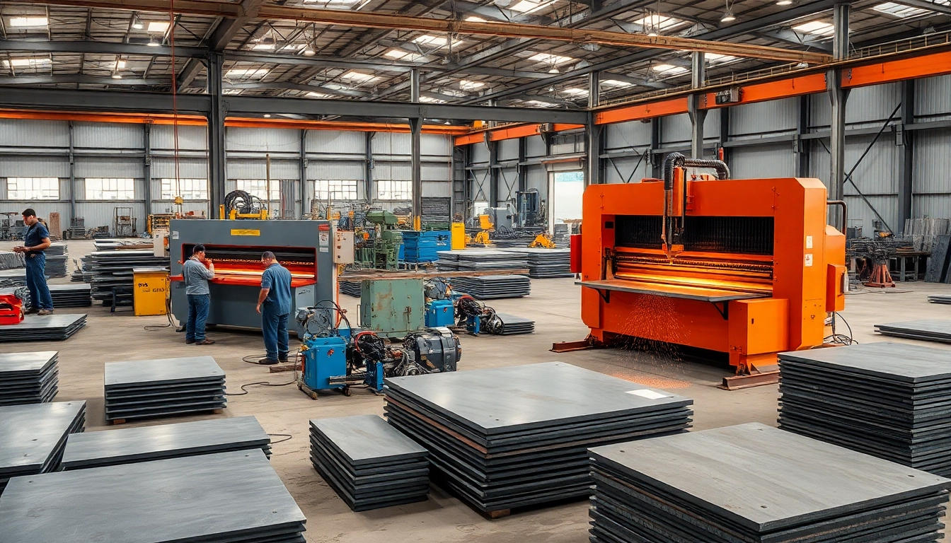 Workers at fab u tech industries actively engaging in steel processing tasks in a modern workshop.
