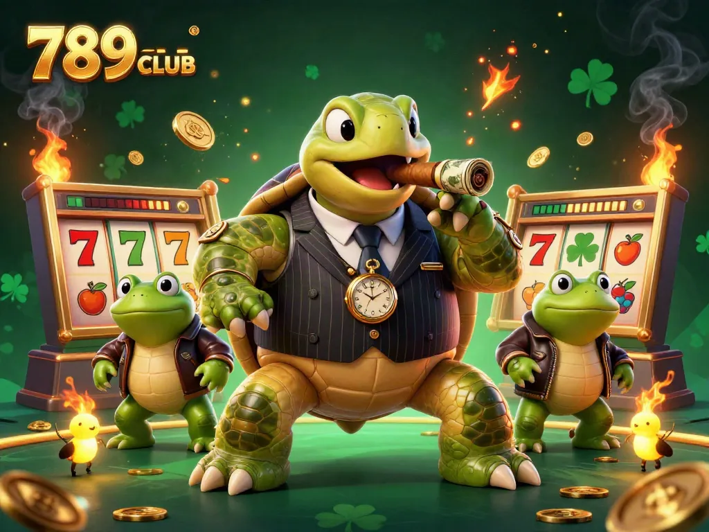 789CLUB illustration featuring a mobster turtle and frog enforcers with dynamic casino elements.