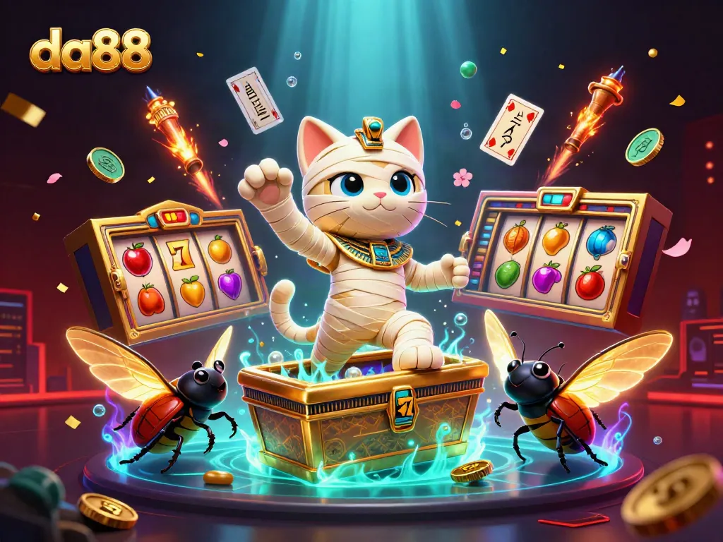 da88 engages players with an ultra-detailed 3D scene showcasing casino thrills and Egyptian mythology.