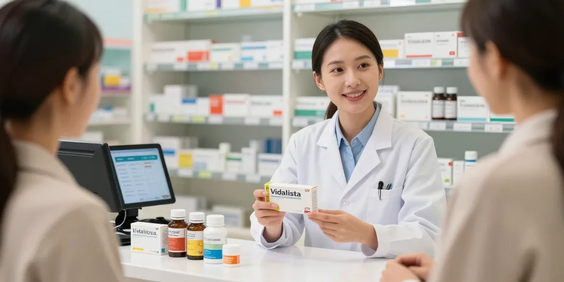 Pharmacist explaining Vidalista benefits to a customer in a modern pharmacy.