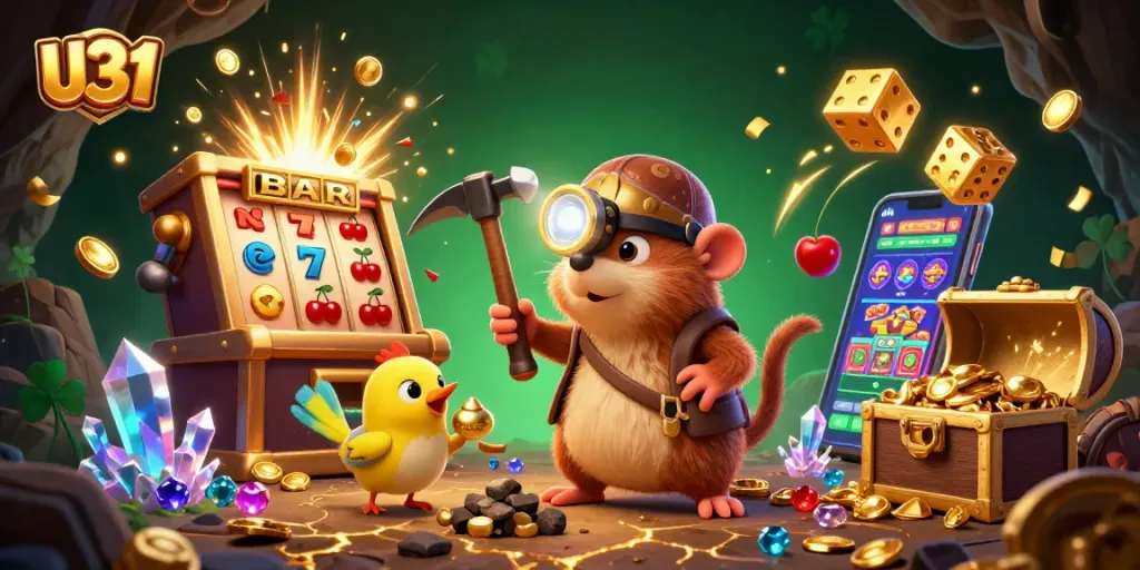 Spin the reels at U31's exciting online casino, featuring vibrant slot machines and golden treasures.