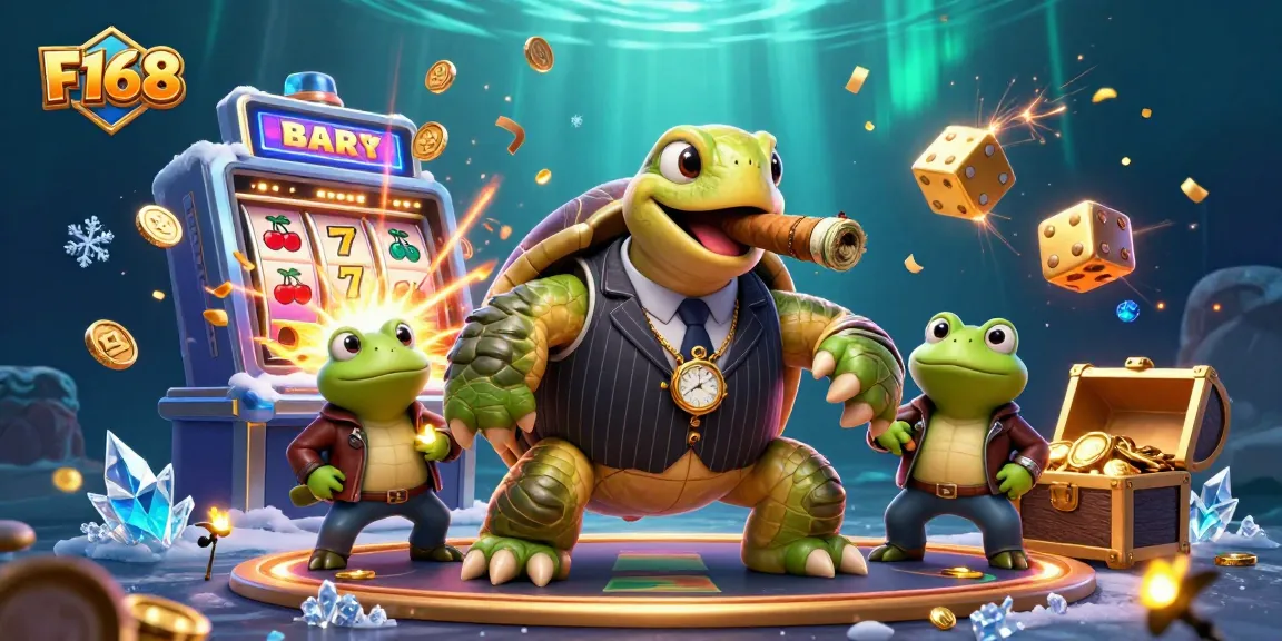 Join the F168 action as the snapping turtle and bullfrog enforcers light up the casino with vibrant game elements.