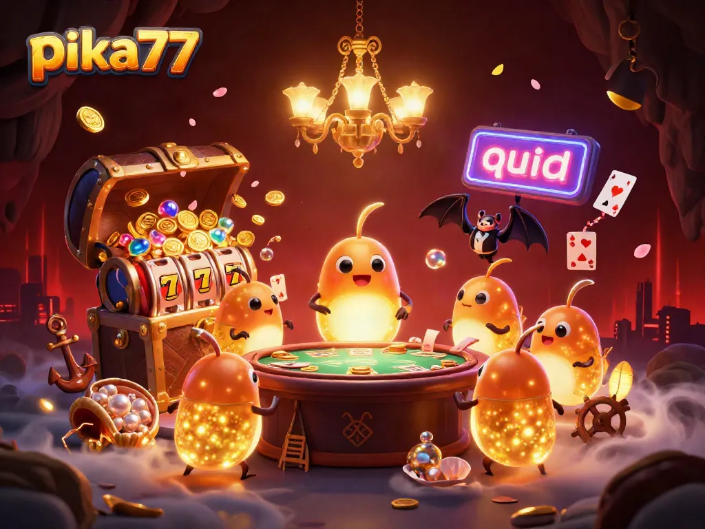 Experience the excitement of pika77's vibrant casino world with glowworms lighting up slot machines and cards.